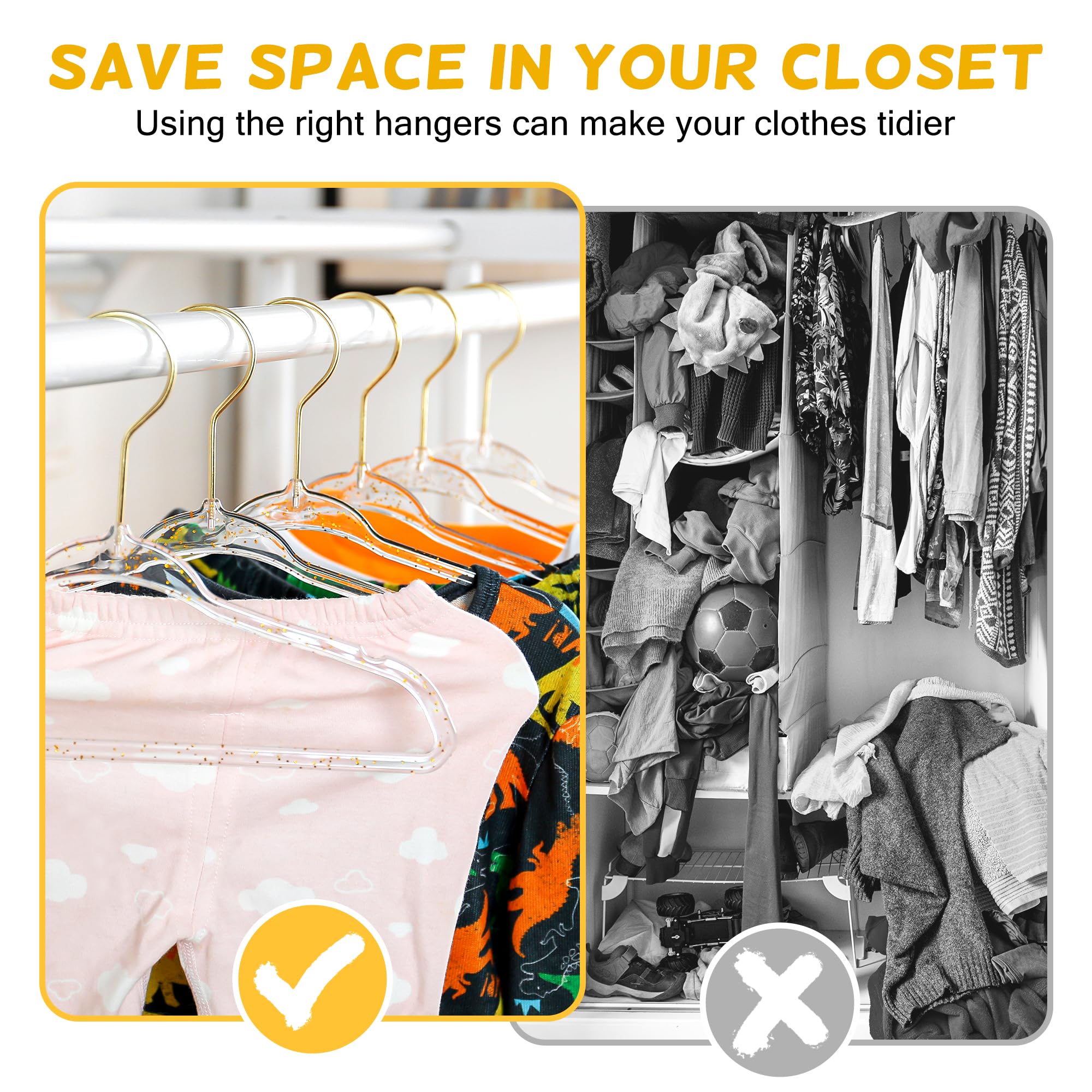 Concepts 20 Pack Premium Heavy Duty Gold Glitter Acrylic Kids Hangers, Elegant For Baby Nursery Space-Saving Non-Slip Clothes Ha